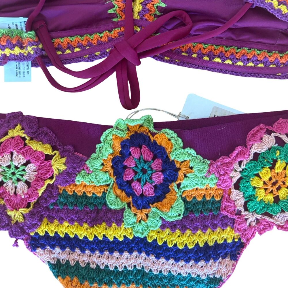 Agua Bendita NWT B. Punto Crochet Bikini Set Rainbow Chevron Multicolor Size L - Picture 10 of 13